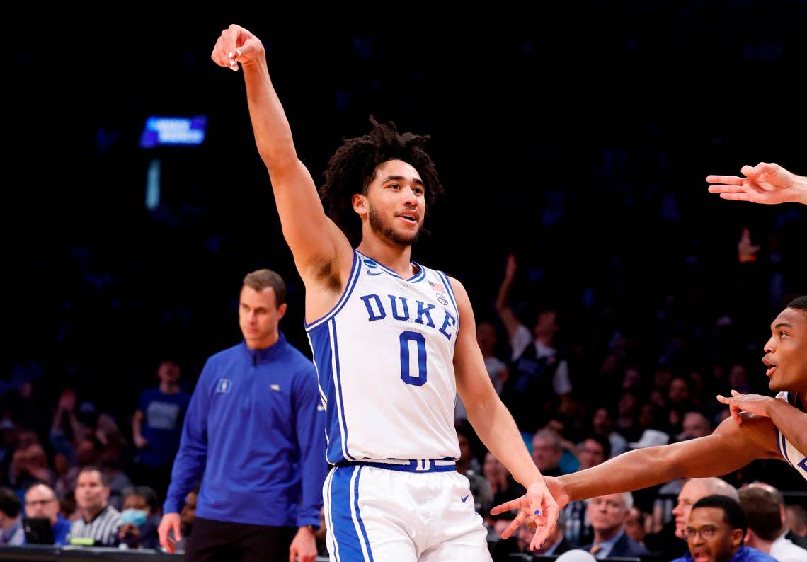 Duke’s Jared McCain (0) celebrates after hitting a three-pointer during the second half of Duke’s 93-55 victory over James Madison in the second round of the NCAA Tournament at the Barclays Center in Brooklyn, N.Y., Sunday, March 24, 2024.