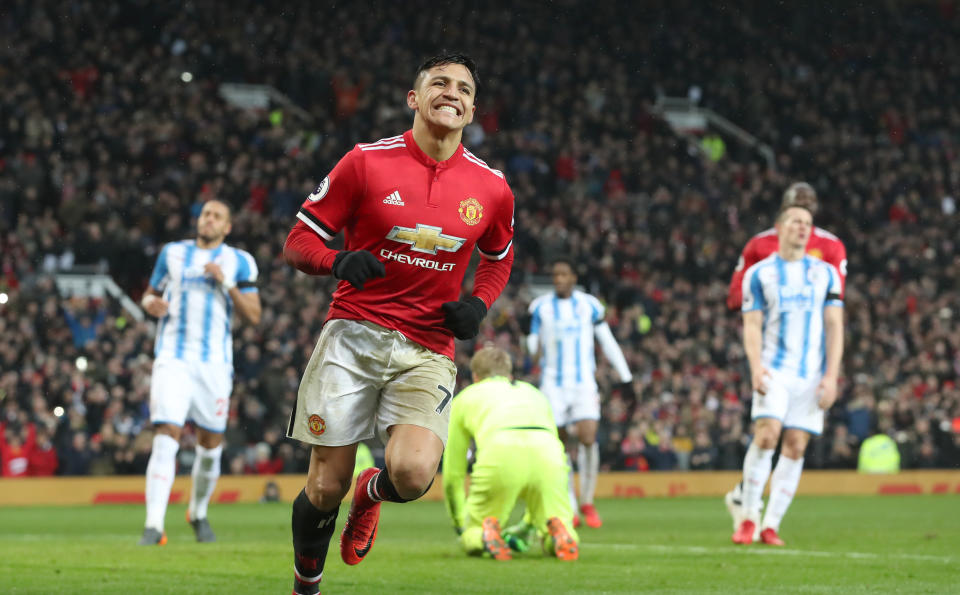 Alexis Sanchez celebrates his first goal for Manchester United. (Getty)