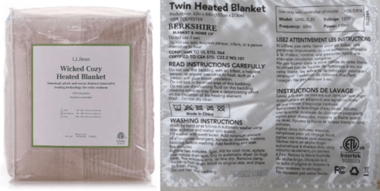 Recalled Berkshire Blanket Heated Blanket – Twin (L.L. Bean branded) (Photo: U.S. Consumer Product Safety Commission)