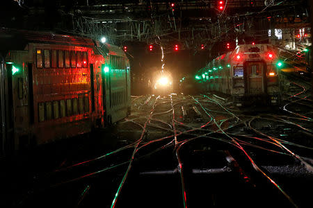 Commuter trains travel inside New York's Penn Station, the nation's busiest train hub, on a section of a complex of tracks that Amtrak says they will begin repairing over the summer in New York City, U.S., May 25, 2017. REUTERS/Mike Segar