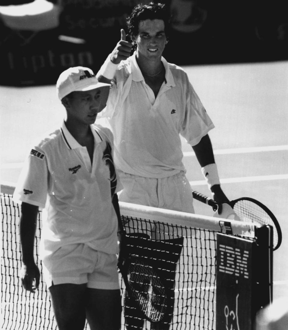 Patrick Rafter gives the thumbs up after he defeated Michael Chang at the Lipton in 1994.