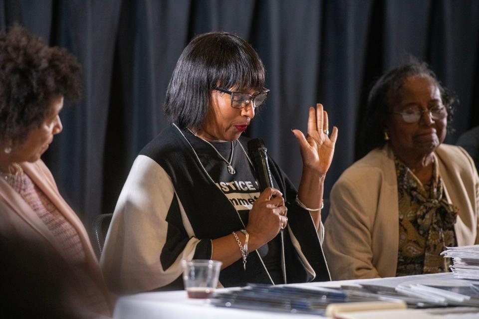 Deborah Watts, co-founder of the Emmett Till Legacy Foundation and a cousin of Till, speaks during a panel discussion Sunday following the screening of the movie "Till" at the AMC Bayou 15 theater in Pensacola.