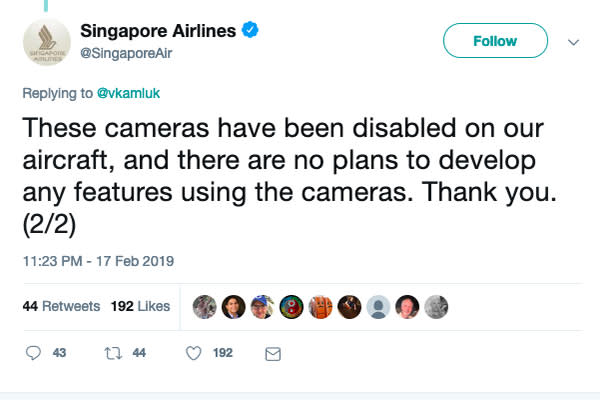 The airline responded explaining that the cameras have been disabled. Source: Twitter