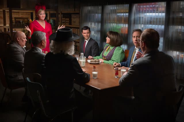 <p>John P. Johnson / Netflix</p> From left to right: Amy Schumer as Marjorie Post, Max Greenfield as Rick Ludwin, Melissa McCarthy as Donna Stankowski, Jerry Seinfeld as Bob Cabana in 'Unfrosted'