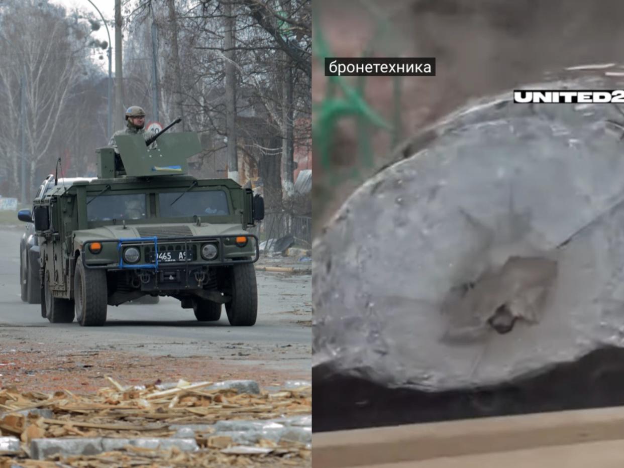 Links: Ein Soldat in einem Humvee in Hostomel, Ukraine, im April 2022. Rechts: ein beschädigter Humvee. - Copyright: Oleksandr Klymenko/Global Images Ukraine via Getty Images, UNITED24 Media/@Fokus2204/TikTok