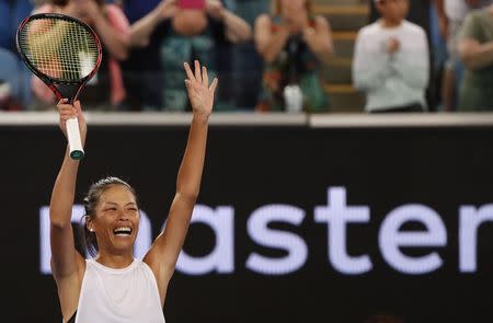 Tennis - Australian Open - Margaret Court Arena, Melbourne, Australia, January 20, 2018. Taiwan's Su-Wei Hsieh celebrates winning her match against Poland's Agnieszka Radwanska. REUTERS/Issei Kato