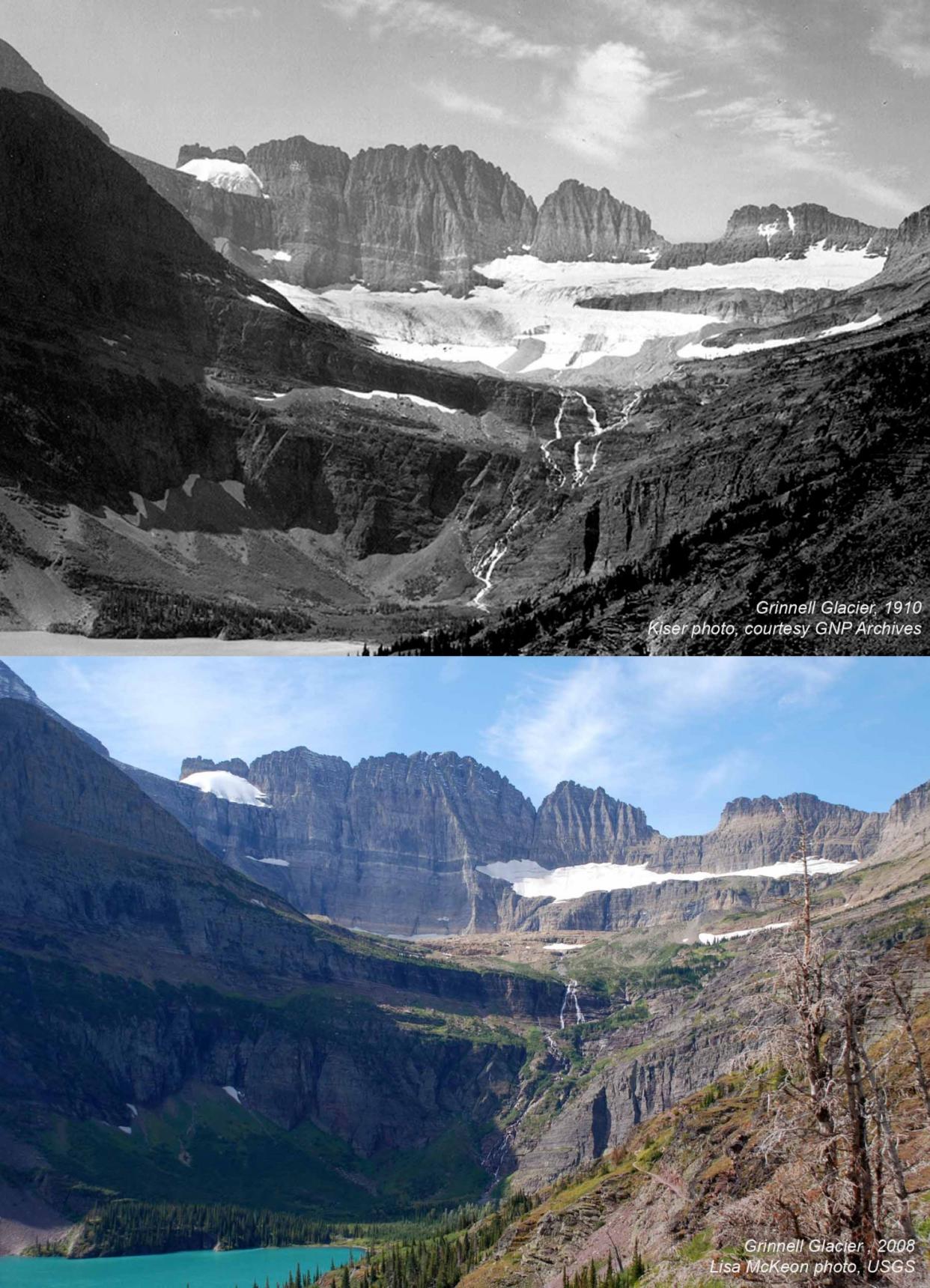 Montana's Grinnell Glacier in 1910 and in 2008. (Photos: Kiser Photo/GNP Archives, Lisa McKeon/USGS)