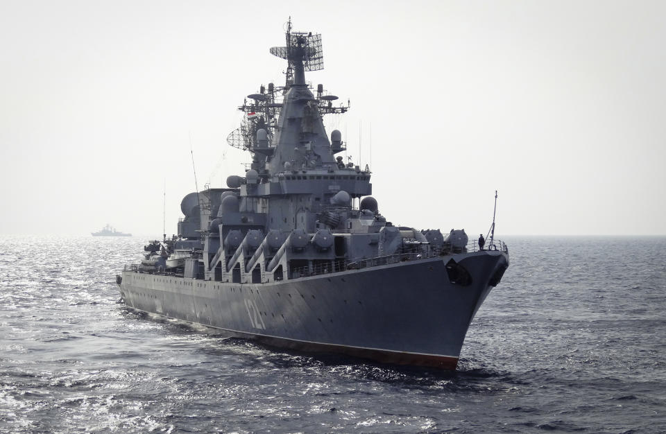 The Russian missile cruiser Moskva patrols in the Mediterranean Sea in 2015. (Max Delany / AFP via Getty Images file)