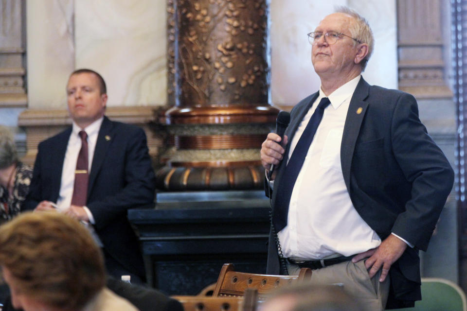 Kansas state Sen. John Doll, R-Garden City, waits for a chance to speak during a debate, Wednesday, March 13, 2024, at the Statehouse in Topeka, Kan. Doll is among a few senators who in 2023 opposed a proposed ban on gender-affirming care for minors, and his vote in 2024 could be crucial in whether fellow Republicans can override Democratic Gov. Laura Kelly's expected veto of a bill. (AP Photo/John Hanna)