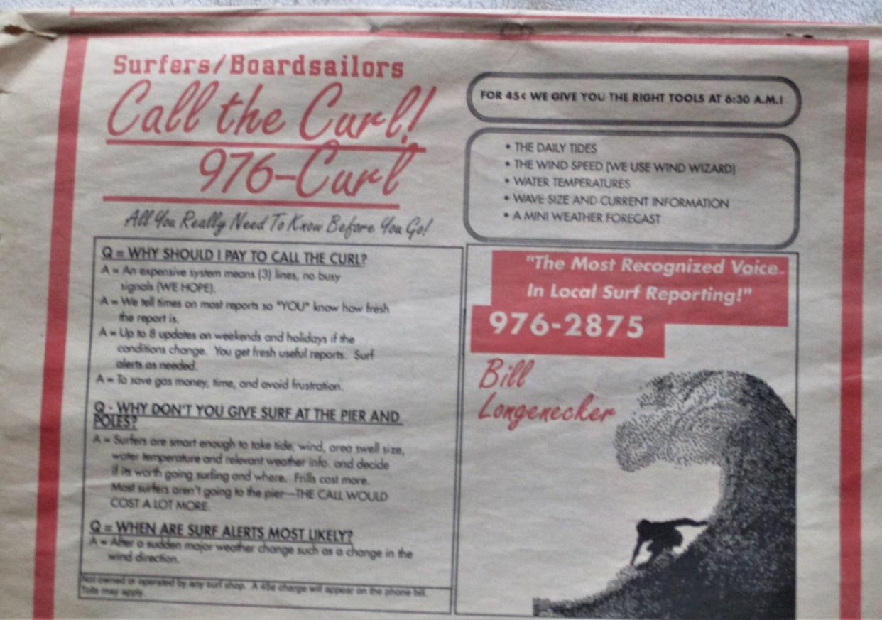 The first print ad for "Call the Curl," a surf report service, in December 1990 issue of The Surfing News. After starting a surf report call line for Hixon's surf shop six years prior and running various incarnations over the decades, the phone service is finally coming to a close.