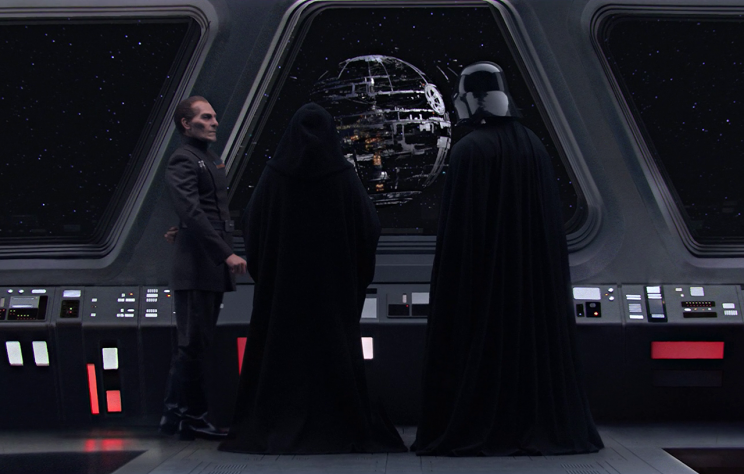 Tarkin, Palpatine, and Vader observe the construction of the Death Star at the end of Revenge of the Sith (Photo: Lucasfilm)