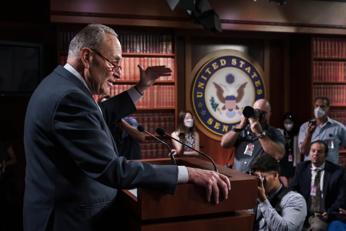 Chuck Schumer talks to reporters about the deal reached with Joe Manchin  (Copyright 2022 The Associated Press. All rights reserved)