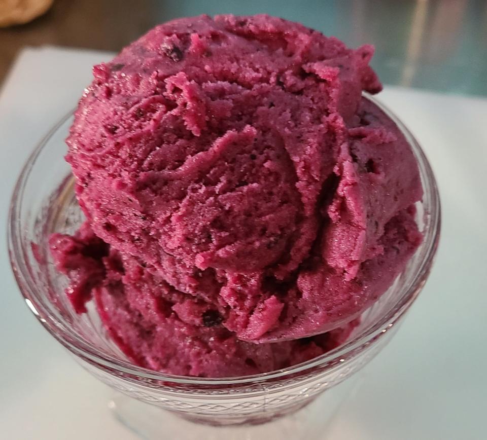 Fernweh Ice Cream's "Blueberry Vineyard" sorbet with wine.