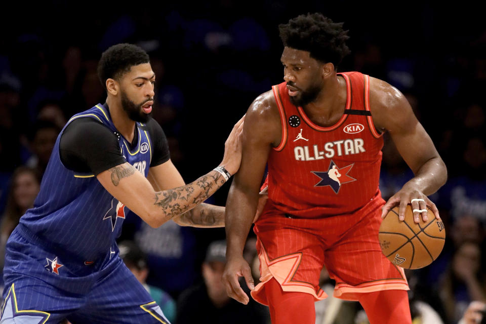 <div class="cell medium-auto caption">Joel Embiid guarded by Anthony Davis in the fourth quarter during the 69th NBA All-Star Game.</div> <div class="cell medium-shrink medium-text-right credit">Jonathan Daniel/Getty</div>