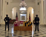 Maryland Senate President Emeritus Thomas V. Mike Miller, Jr. lies in state at the Maryland Statehouse in Annapolis, Md., on Friday, Jan. 22, 2021. Miller was a state legislator for 50 years. A Democrat, he served as president of the Maryland Senate for 33 years. He announced he was stepping down from the post in 2019, but he remained a senator until December. (Bill O'Leary/The Washington Post via AP, Pool)