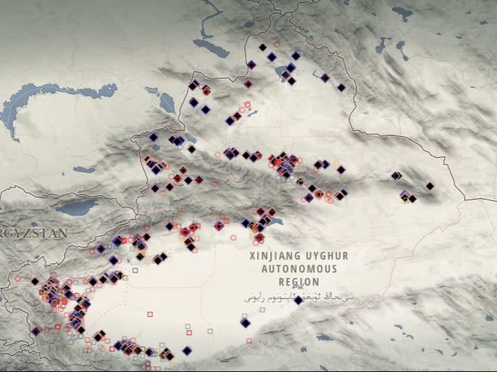 Nearly 400 're-education' detention facilities mapped out across the Xinjiang region (The Xinjiang Data Project/Australian Strategic Policy Institute)