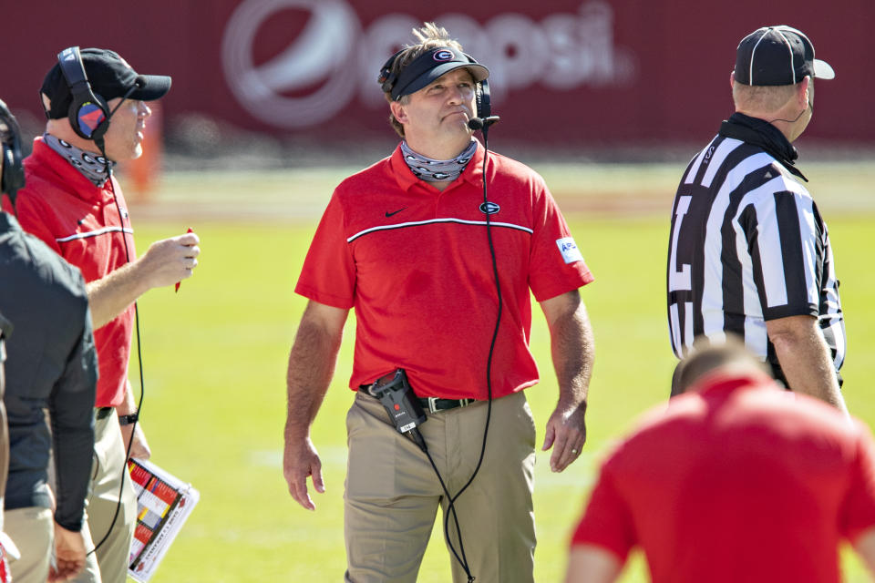 FAYETTEVILLE, AR - SEPTEMBER 26:  Head Coach Kirby Smart of the Georgia Bulldogs on the sidelines during a game against the Arkansas Razorbacks at Razorback Stadium on September 26, 2020 in Fayetteville, Arkansas  The Bulldogs defeated the Razorbacks 37-10.  (Photo by Wesley Hitt/Getty Images)