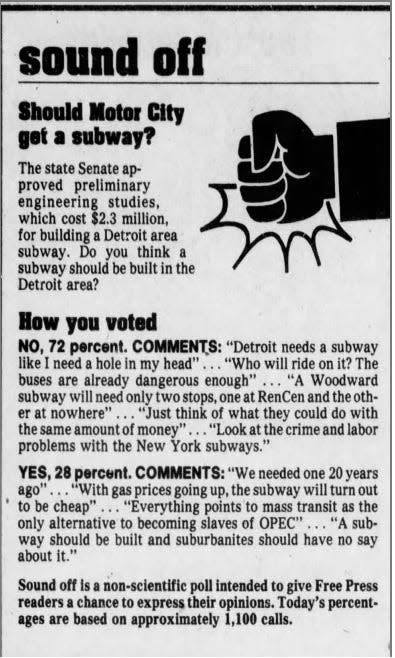 The majority of callers in a February 1980 Free Press readers poll did not support a Detroit subway.