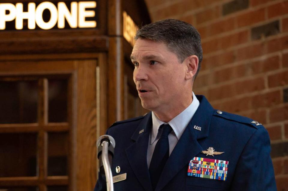 U.S. Air Force Col. James Hewitt, 688th Cyberspace Wing commander, gives a speech at a timeline induction ceremony, at HQ Cyberspace Capabilities Center on Scott Air Force Base. Hewitt shared his words of appreciation for the hard work and dedication that enabled a cyber-effect to travel from San Antonio, through an aircraft and delivered to a ground target across the globe for the first time in 2015.