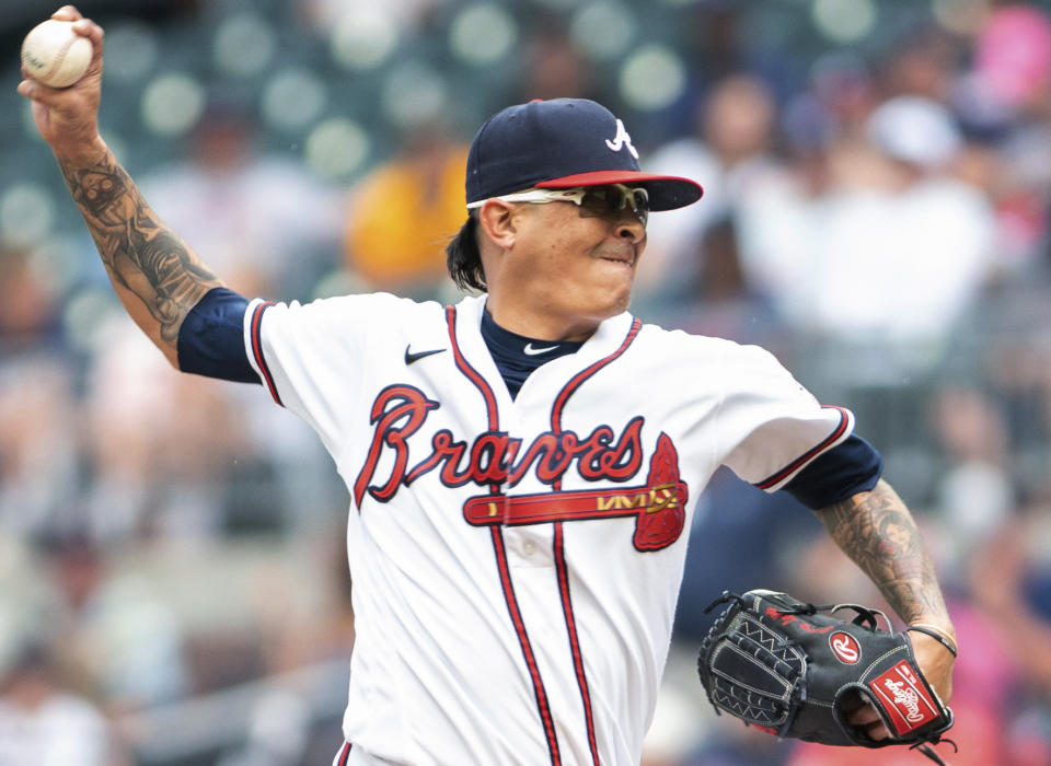 Atlanta Braves relief pitcher Jesse Chavez throws during the fourth inning of the second baseball game of a baseball doubleheader against the San Diego Padres on Wednesday, July 21, 2021, in Atlanta. (AP Photo/Hakim Wright Sr.)