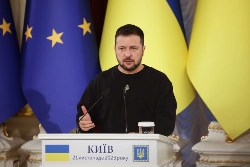 Ukrainian President Volodymyr Zelensky speaks during a press conference with European Council President Charles Michel and Moldovan President Maia Sandu after their meeting. Dario Pignatelli/European Council/dpa