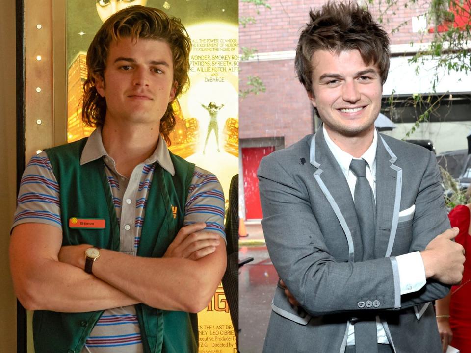 A side by side image of Joe Keery as Steve Harrington on "Stranger Things" and at a press event.