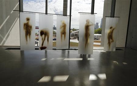 A work titled "Cortinas de bano" by artist Oscar Munoz of Colombia is displayed during a media tour of the Perez Art Museum Miami (PAMM) in Miami, Florida December 3, 2013. REUTERS/Joe Skipper