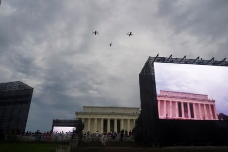 Military aircraft fly over the Lincoln Memorial during te U.S. President Donald Trump's Fourth of July speech in Washington