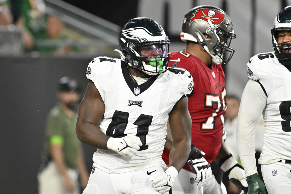 FILE - Philadelphia Eagles' Nicholas Morrow reacts after a safety during the second half of an NFL football game against the Tampa Bay Buccaneers, Monday, Sept. 25, 2023, in Tampa, Fla. The Buffalo Bills reached an agreement to re-sign veteran defensive lineman DaQuan Jones to a two-year contract and began replenishing their depth at linebacker by agreeing to to sign Nicholas Morrow to a one-year contract on Tuesday, March 12, 2024. (AP Photo/Jason Behnken, File)