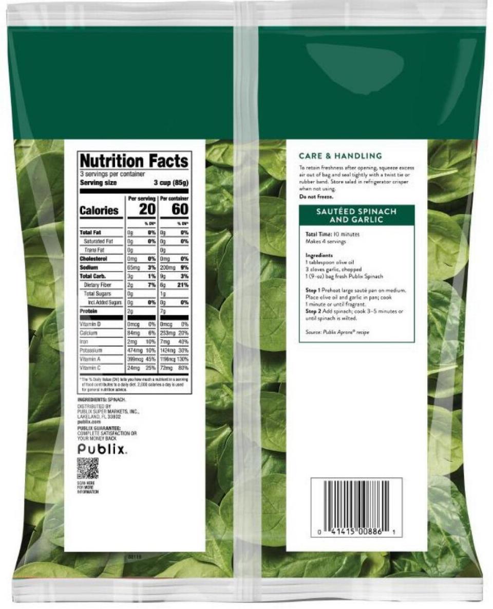 Back of the Publix Spinach bag Fresh Express recalled on Dec. 15, 2023.