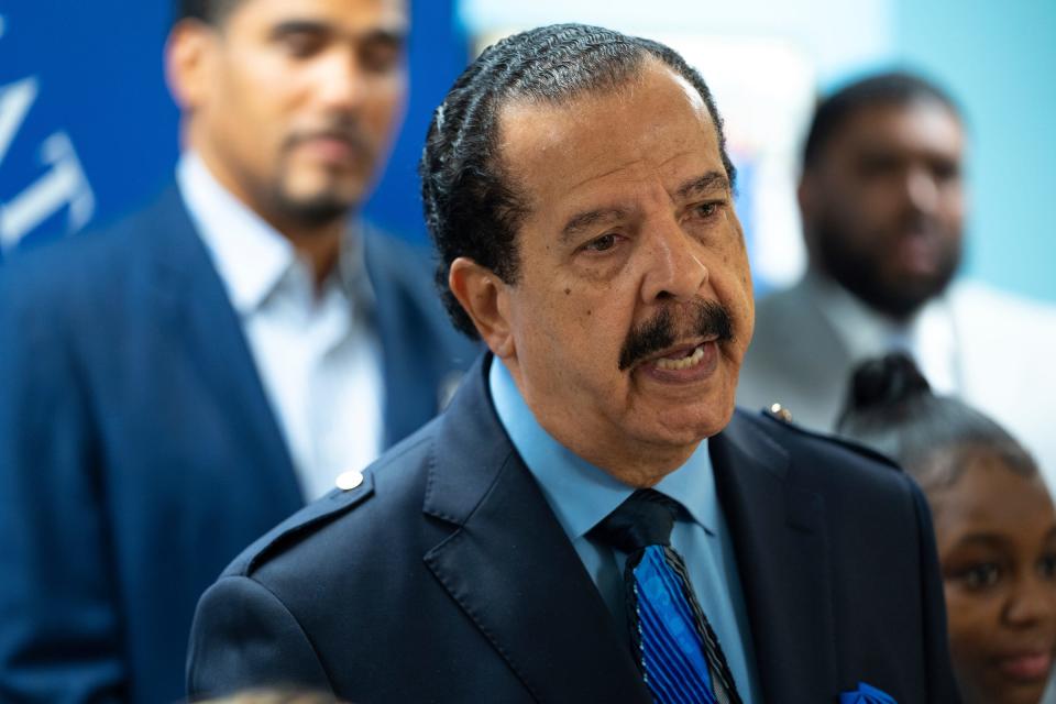 Detroit Academy of Arts and Sciences founder Rev. Jim Holley speaks during a press conference at the school on Detroit's east side on Thursday, May 25, 2023, announcing plans to hire qualifying teachers a $100,000 salary if they meet the criteria. 