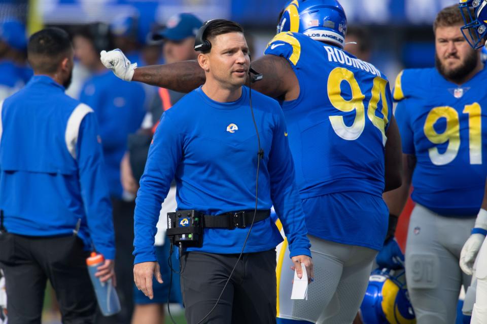 Los Angeles Rams linebackers coach Chris Shula on the sideline while playing the Jacksonville Jaguars during an NFL Professional Football Game Sunday, Dec. 5, 2021, in Inglewood, Calif.