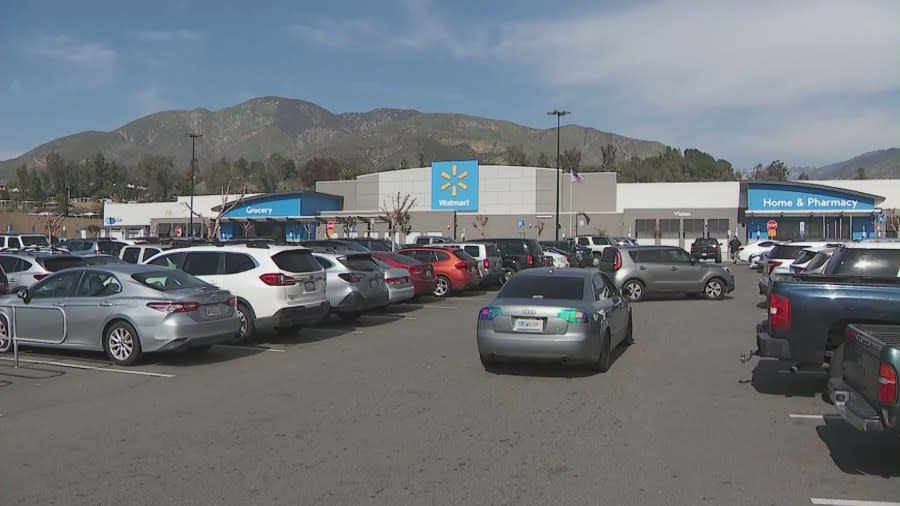 The Walmart parking lot in Highland where Jonathan Mauk was shot to death on Feb. 5, 2024. (KTLA)