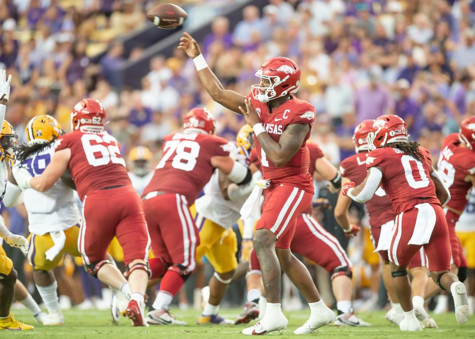 Arkansas quarterback KJ Jefferson 1 throws a pass as the LSU Tigers take on the Arkansas Razorbacks at Tiger Stadium in Baton Rouge, Louisiana, Sept. 23, 2023.