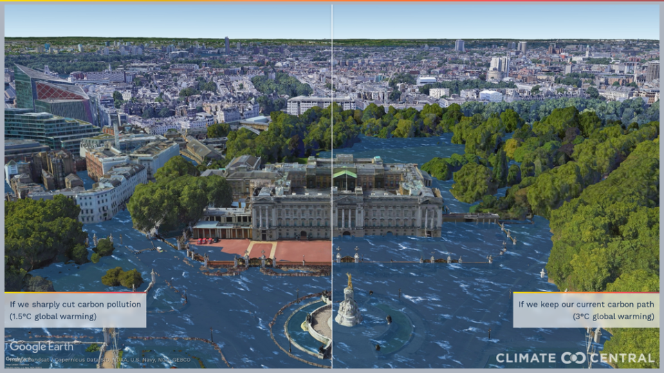 Potential extent of sea level rise at Buckingham Palace under 1.5C (left) and 3C of global heating (Climate Central)