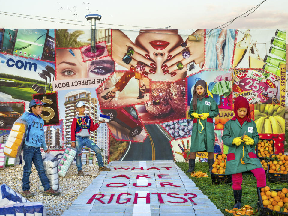 In this image,&nbsp;12-year-old Bassam, 11-year-old Tamer, 16-year-old Lubna and 11-year-old Farah act out different&nbsp;jobs at the refugee camp. Many Syrian children in Lebanon's Anjar refugee camp are forced to work to help support their families.<br /><br />Bassam and Tamer&nbsp;started selling tissues after their father was injured during a shelling blitz in Syria. The brothers often work 12 hours&nbsp;and earn about $3 a day, and have faced abuse while on the job.<br /><br />Farah weeds and&nbsp;clears land for sowing to&nbsp;support her family of 10. In this photo, she and Lubna pose as factory workers&nbsp;peeling oranges to make tinned fruit. These laborers&nbsp;often work 11-hour days for as little as $8 a day.<br /><br />"What makes me very tired is that I&nbsp;have to keep bending down. When we try and stand up, they ask us to bend down," she said. "We spend the whole day like this. The money they give us is not enough."<br /><br />Many of these working children are also forced to miss out on educational opportunities in order to work.<br /><br />"Education is very important. I feel it is especially important for girls. When girls get education, they are respected in society," said Lubna. "Some girls even have jobs in factories. They shouldn't be working -- they should be studying."