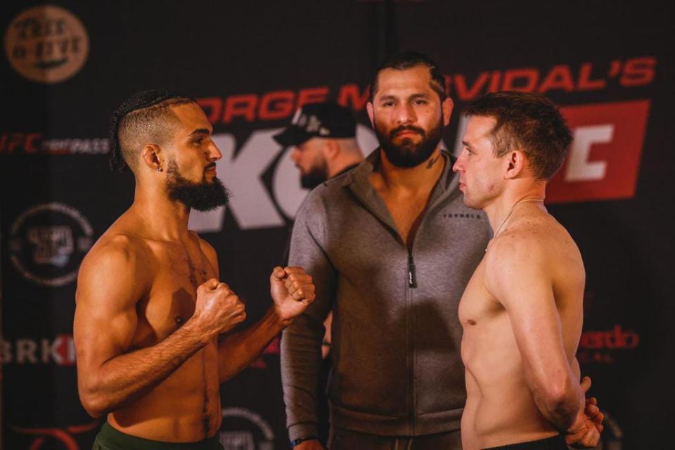 Fighter Amun Cosme (left), promoter Jorge Masvidal (center) and fighter Aleksei Fedoseev (right) during a weigh-in March 17, 2022, at iKON 2 in Miami. Cosme (4-0) is scheduled to fight Diego Gomez Manzur (5-0) on the Aug. 5 card in Savannah.