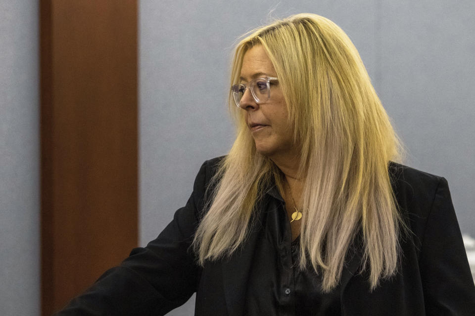 Clark County prosecutor Stacey Kollins stands during a court hearing for Nathan Chasing Horse on Wednesday, April 5, 2023, in Las Vegas. The former “Dances With Wolves” actor accused of sexually abusing Indigenous women and girls in the U.S. and Canada for decades has asked a Nevada judge to toss out a sweeping indictment against him in state court, claiming two women identified as victims in the Las Vegas area wanted to have sex with him. (AP Photo/Ty O'Neil)