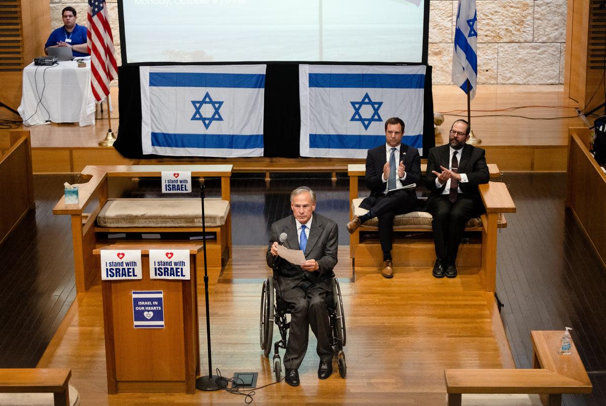 Governor Greg Abbott condemns the recent attacks on Israel during a community gathering in support of Israel at the Congregation Agudas Achim Oct. 9, 2023, in Austin. Abbott also announced efforts for Texas to support Israel, which included funding for increased security at Jewish and Israel-related locations such as synagogues and schools and an Executive Order directing all Texas state agencies to refrain from purchasing goods produced in or exported from the Gaza Strip.