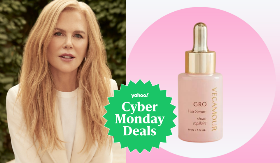 A photo of Nicole Kidman next to a photo of the hair growth serum with a badge that reads Yahoo! Cyber Monday Deals