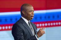 Eric Adams, Brooklyn borough president and Democratic candidate for New York City mayor, speaks during a debate with Republican mayoral candidate Curtis Sliwa at the ABC-7 studios in New York, Tuesday, Oct. 26, 2021. (Eduardo Munoz/Pool Photo via AP)