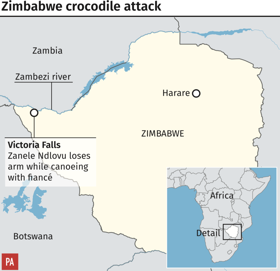 <em>The couple were canoeing down the Zambezi when the crocodile struck (Picture: PA)</em>