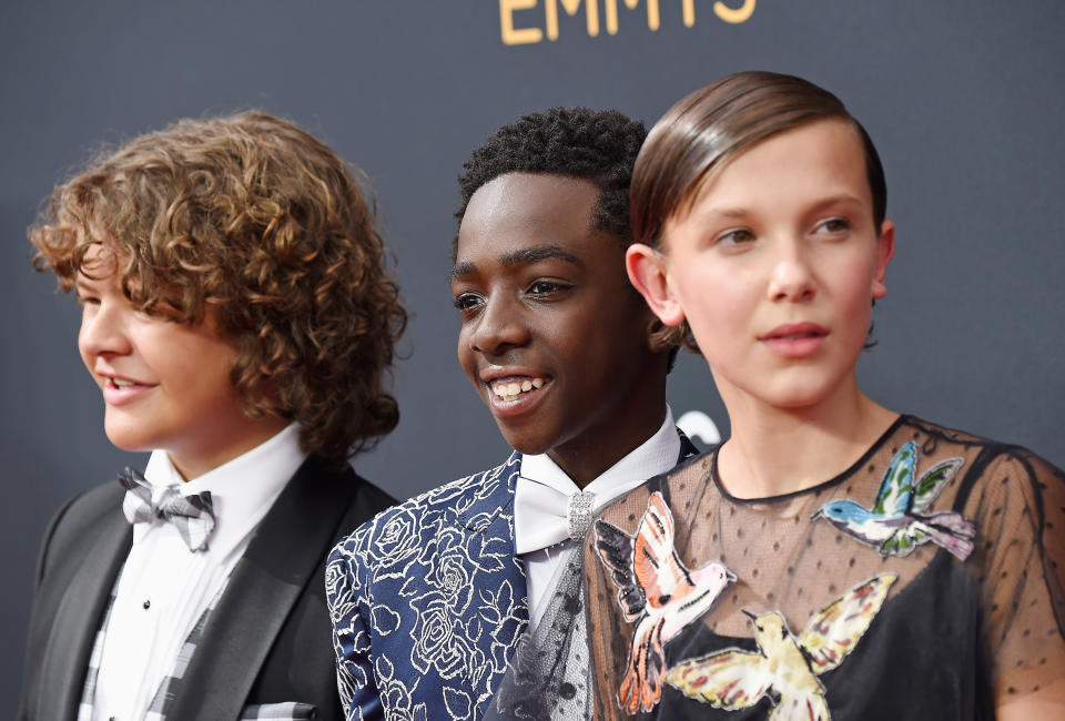 LOS ANGELES, CA - SEPTEMBER 18:  (L-R) Actors Gaten Matarazzo, Caleb McLaughlin and Millie Bobby Brown attend the 68th Annual Primetime Emmy Awards at Microsoft Theater on September 18, 2016 in Los Angeles, California.  (Photo by Frazer Harrison/Getty Images)