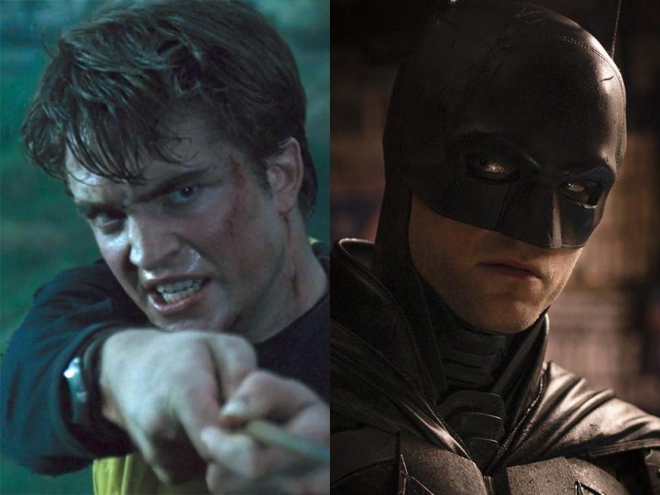 On the left: Robert Pattinson as Cedric Diggory in "Harry Potter and the Goblet of Fire." On the right: Pattinson as Batman in "The Batman."