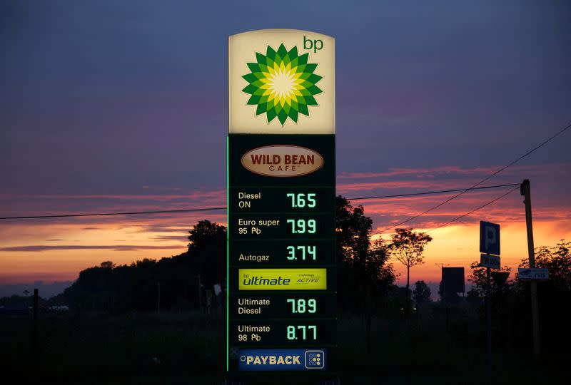 FILE PHOTO: British Petrol BP price list pillar displayed petrol prices in Polish zloty in Pienkow