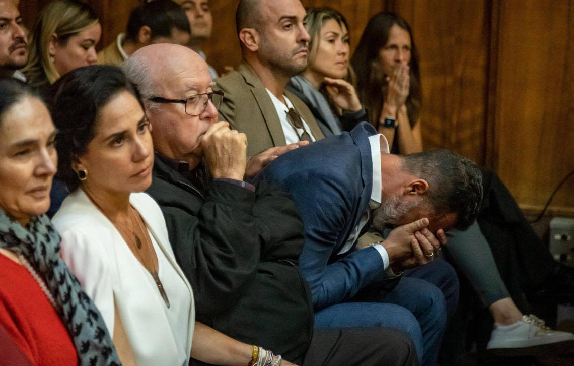 Lucas Delfino, sitting with other members of Pablo Lyle’s family, breaks down in court Friday as the sentence was read by Judge Marisa Tinkler Mendez.