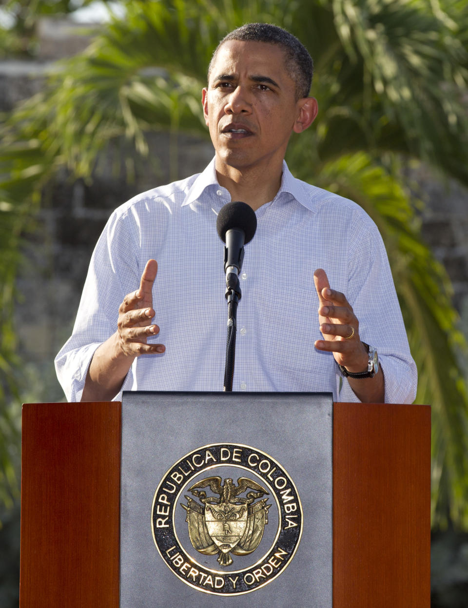 President Barack Obama speaks during a joint news conference with Colombian President Juan Manuel Santos during the 6th Summit of the Americas in Cartagena, Colombia, Sunday, April 15, 2012. (AP Photo/Carolyn Kaster)