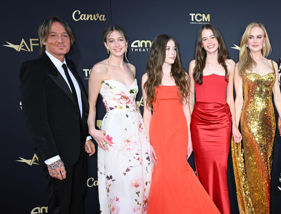 Keith Urban, Faith Margaret Urban, Sunday Rose Kidman-Urban, Sybella Hawley, Nicole Kidman at the AFI Life Achievement Award Honoring Nicole Kidman held at The Dolby Theatre on April 27, 2024 in Los Angeles, California. (Photo by Gilbert Flores/Variety via Getty Images)