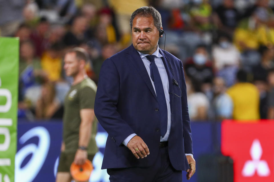 Australia's rugby coach Dave Rennie watches his players warm up ahead of the Rugby Championship test match between the Pumas and the Wallabies in Townsville, Australia, Saturday, Sept. 25, 2021. (AP Photo/Tertius Pickard)