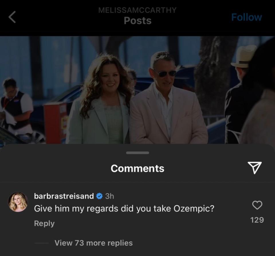 In a since-deleted comment, Streisand asked McCarthy about Ozempic. Melissa McCarthy / Instagram